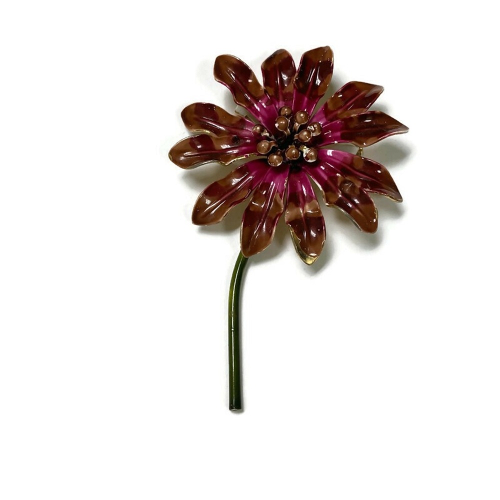 VINTAGE BROOCH PIN FLOWER PINK BROWN ENAMEL GREEN STEM MOD DECO BARBIE CORE